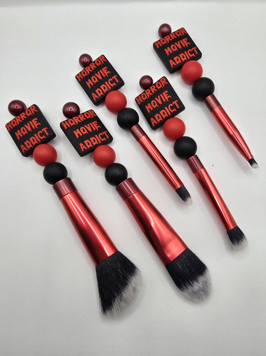 Horror Movie Addict 5 pc Makeup Brush Set - Cosmetic Beauty Tools - Black Red - Beaded - Scary Movies Fan Inspired Brushes Gift Idea