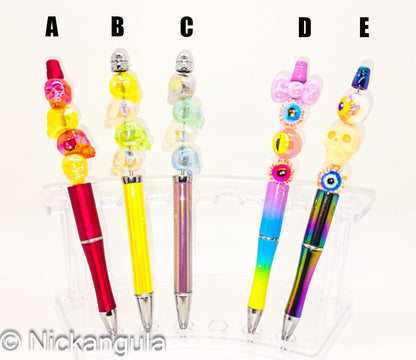 Skulls and Eyeballs Creepy Cute Beaded Ballpoint Pen - Strange Horror Inspired Pens - Silicone and Acrylic Beads & Plastic Pen - Eyes