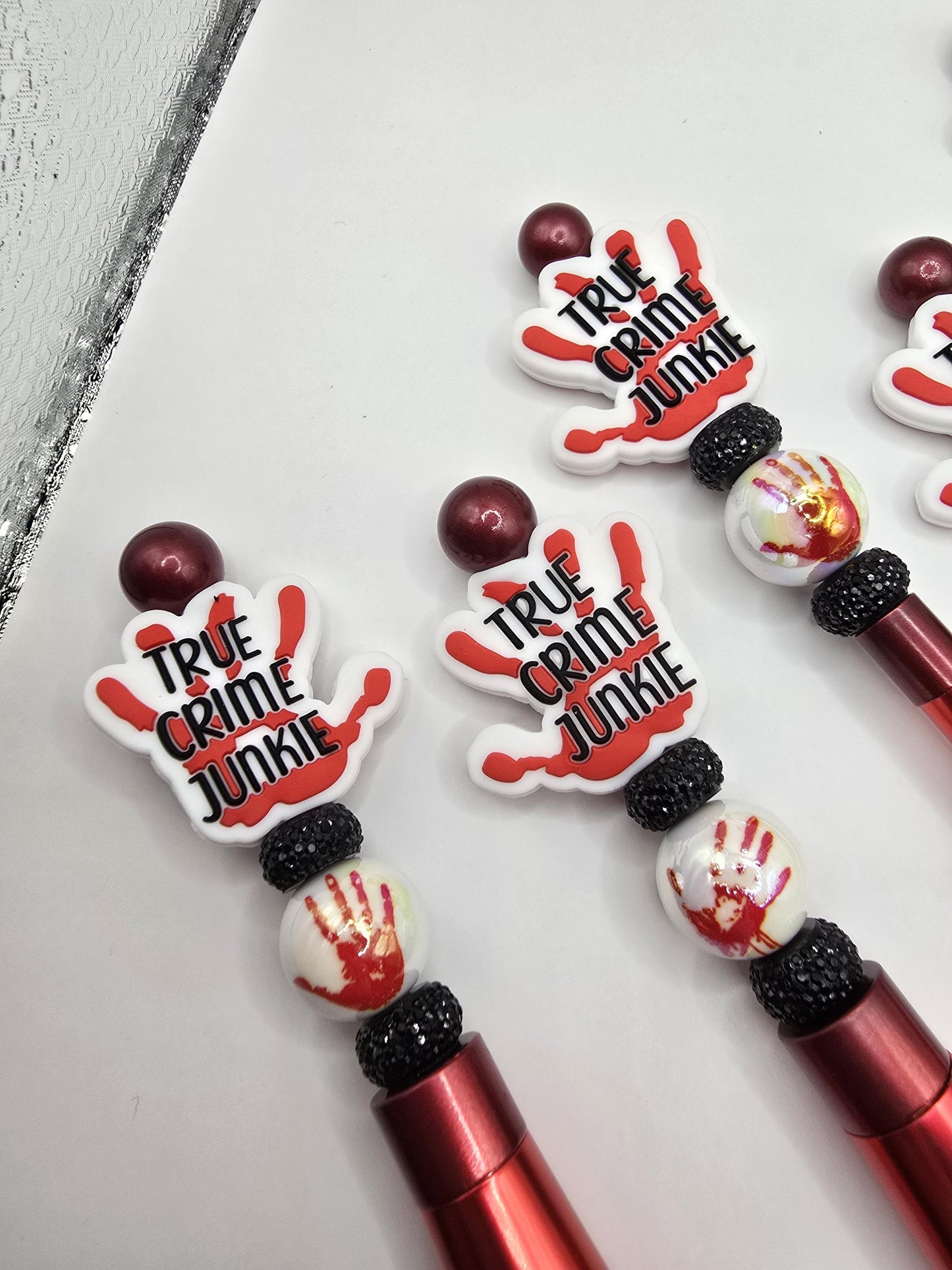 True Crime Junkie 5 pc Makeup Brush Set - Cosmetic Beauty Tools - Red and Black - Beaded - Brushes Gift Idea -Crime Mystery Podcast Fan