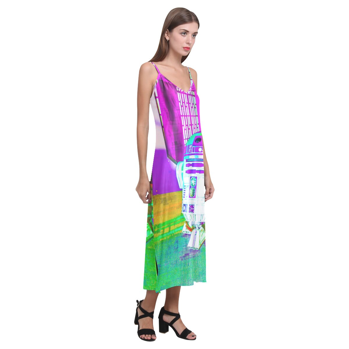 Rainbow Droid V-Neck Slip Dress - Star Wars Inspired Women's Fashion - Sleeveless - Spaghetti Strap - Geek Girl - R2-D2 - Artoo Detoo - Neon Dopamine Dressing