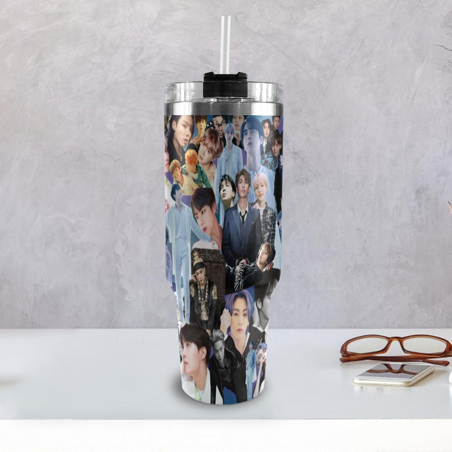 Gray BTS Collage 40 oz Tumbler w/ Handle - Insulated - Hot or Cold - Water Coffee - Travel Mug - Durable Stainless Steel - Straw Included