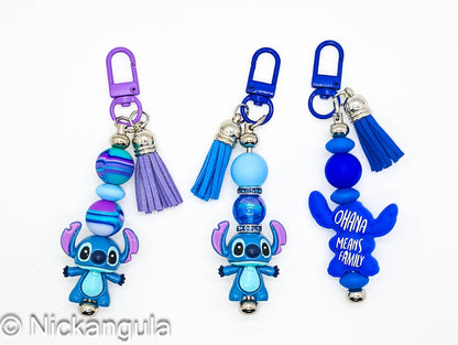 Stitch Bag Charms - Cute Alien Character Inspired Purse Decoration - Handbag Charm - Ohana Means Family - Hawaiian Saying - Leather Tassel
