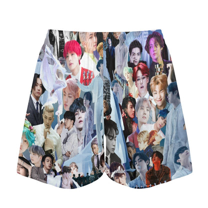 Gray BTS Collage Print Women's Pajama Shorts - K-Pop Inspired Sleepwear Loungewear - Jin Jimin JHope JungKook Suga RM V - Lounge Sleep