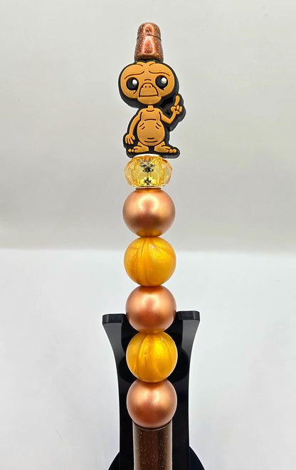 Extra Tall E.T. Beaded Ballpoint Pen - Extra Terrestrial Inspired Beadable Pen - Silicone Beads & Plastic Pen - Brown Glitter - Refillable