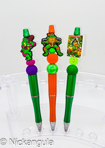 Turtles Beaded Ballpoint Pen w/ Black Ink - Ninja Inspired Gift - Silicone and Acrylic Beads & Plastic Pen - Stocking Stuffer - 80's 90's