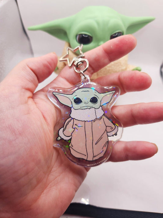 The Child Sparkly Acrylic Keychain w/  Star-Shaped Key Ring 3" Tall - Double Sided - Hologram - Star Wars Grogu Baby Yoda Inspired Bag Charm
