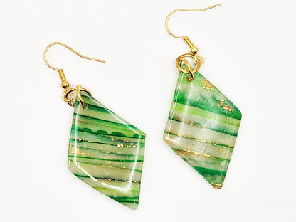 Handmade Medium Green, White & Gold Translucent Polymer Clay Diamond Dangle Earrings w/ Gold Colored Hooks - Dangly Drop Earrings - Ear Wire