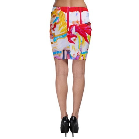 SAMPLE SALE - X-SMALL Carousel Horses Bodycon Mid-Thigh Skirt - Photography Inspired Fashion - Coney Island Collection - Red Yellow White Allover Print