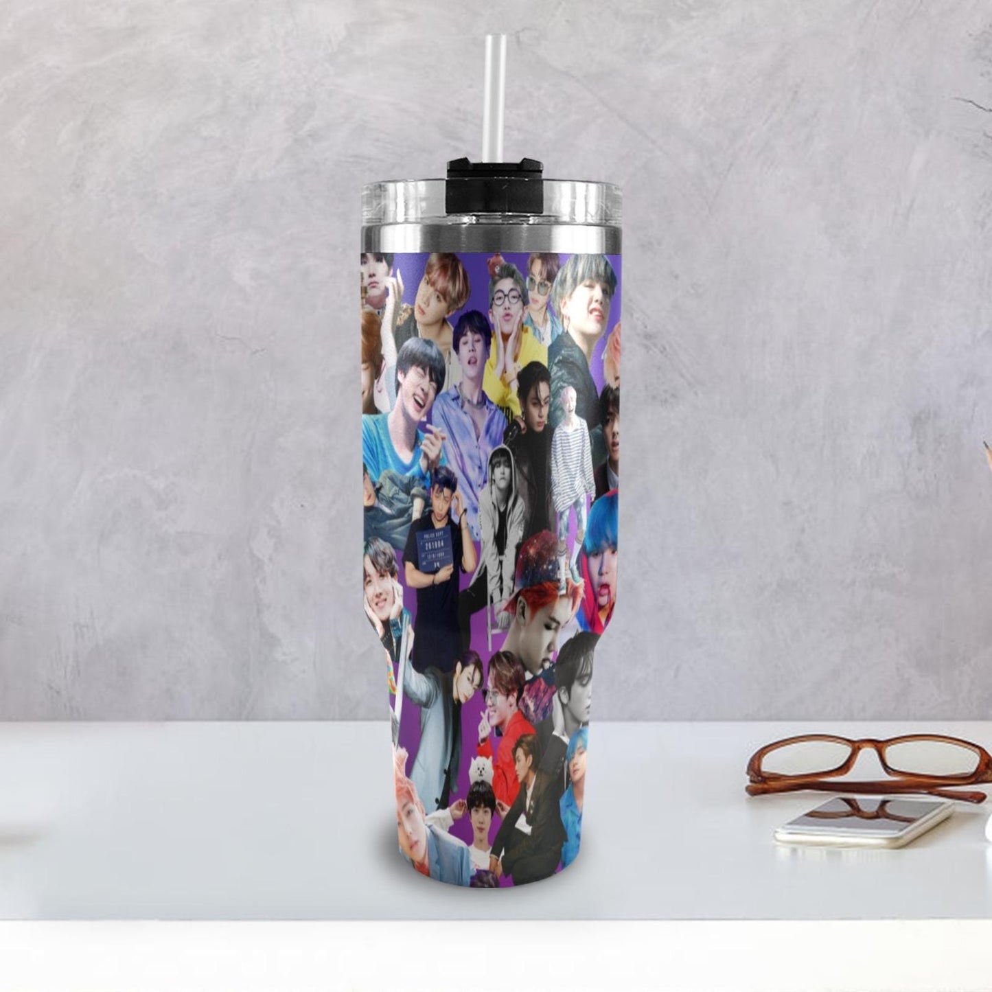 Purple BTS Collage 40 oz Tumbler w/ Handle - Insulated - Hot or Cold - Water Coffee - Travel Mug - Durable Stainless Steel - Straw Included