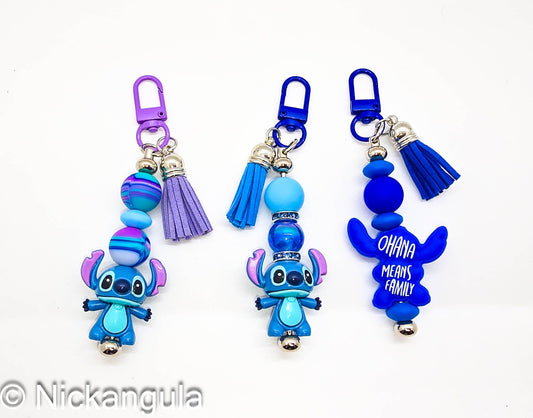 Stitch Bag Charms - Cute Alien Character Inspired Purse Decoration - Handbag Charm - Ohana Means Family - Hawaiian Saying - Leather Tassel