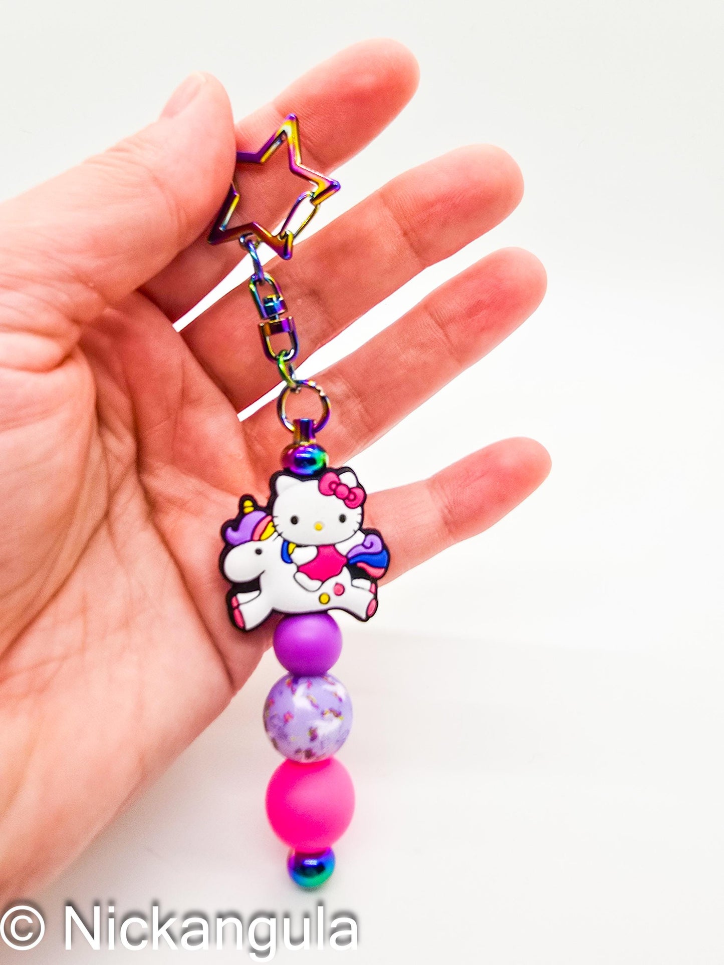 Hello Kitty on a Unicorn Beaded Bag Charm Keychain - Cute Purse Decoration - Rainbow Bar - Stocking Stuffer Gift Idea