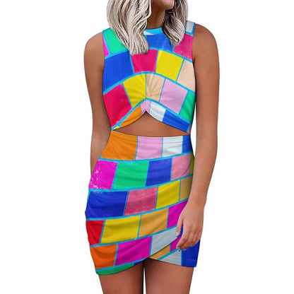 Rainbow Brick Print Cutout Waist Twist Dress - Sleeveless - Colorful 2026 Fashion Trends - Allover Print - Dopamine Dressing