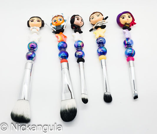 Ladies of The Galaxy 5 pc Beaded Makeup Brush Set - Upcycled Doorables - Star Wars Inspired Cosmetic Brushes - Leia Rey Ahsoka Fennec Sabine