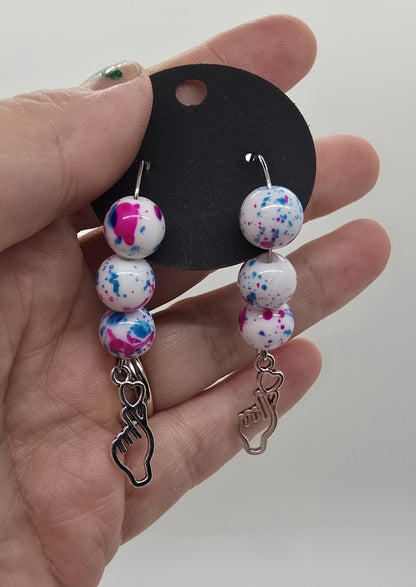 3 Options - K-Pop Finger Heart Dangle Earrings w/ Beaded Loop Earring Hooks - Drop Earrings - Purple Pink Blue White