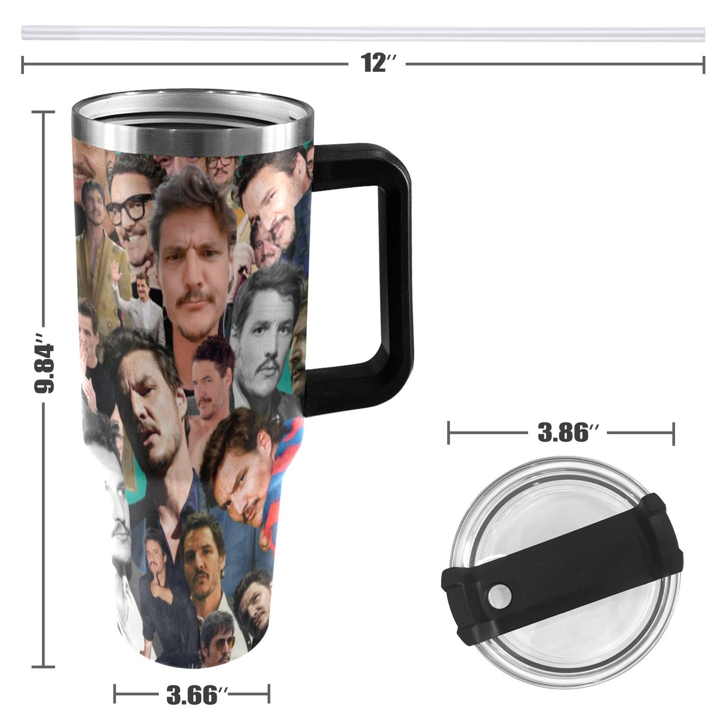 Pedro Pascal Collage 40 oz Tumbler w/ Handle - Insulated - Hot or Cold - Water Coffee - Travel Mug - Durable Stainless Steel - Straw