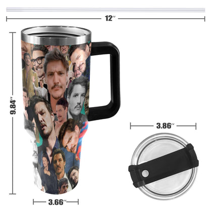 Pedro Pascal Collage 40 oz Tumbler w/ Handle - Insulated - Hot or Cold - Water Coffee - Travel Mug - Durable Stainless Steel - Straw