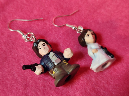 Han & Leia Dangle Earrings - Star Wars Pods Figure Toy Jewelry - Han Solo Leia Organa - Cute Couple Jewelry - Geek Fashion - Upcycled Toys