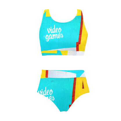 Video Games Crop Top Bikini Swimsuit Set - Coney Island Graphic Print Swim Suit - Swimwear - High Waist Bikini Bottoms - Racerback