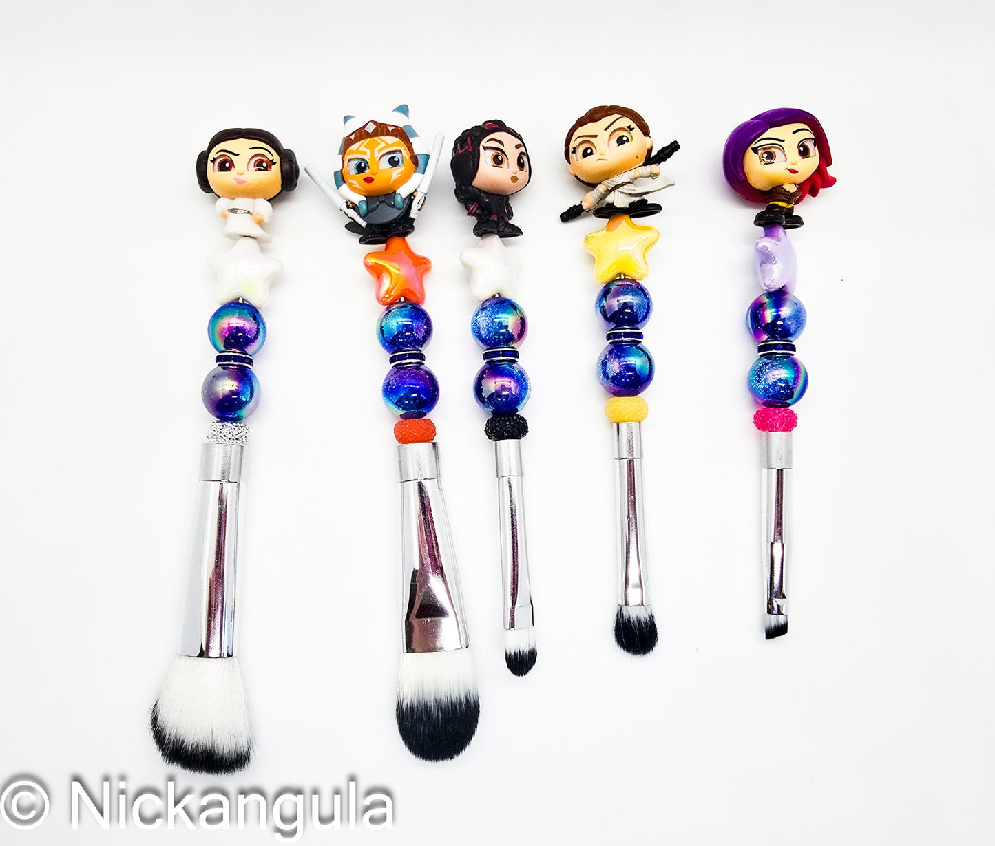 Ladies of The Galaxy 5 pc Beaded Makeup Brush Set - Upcycled Doorables - Star Wars Inspired Cosmetic Brushes - Leia Rey Ahsoka Fennec Sabine
