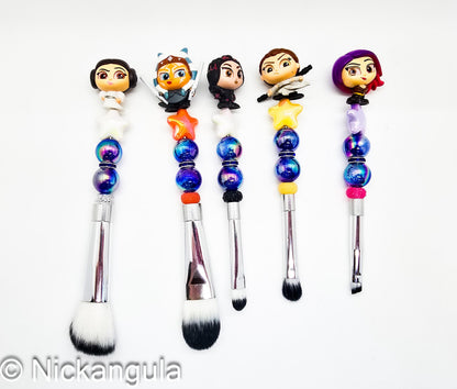 Ladies of The Galaxy 5 pc Beaded Makeup Brush Set - Upcycled Doorables - Star Wars Inspired Cosmetic Brushes - Leia Rey Ahsoka Fennec Sabine