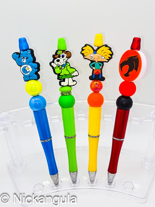 80's & 90's Cartoons Beaded Ballpoint Pen w Black Ink - Silicone Acrylic Beads Plastic Pen - Care Bears Hey Arnold Thundercats Pound Puppies