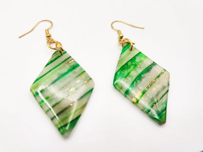 Handmade Medium Green, White & Gold Translucent Polymer Clay Diamond Dangle Earrings w/ Gold Colored Hooks - Dangly Drop Earrings - Ear Wire
