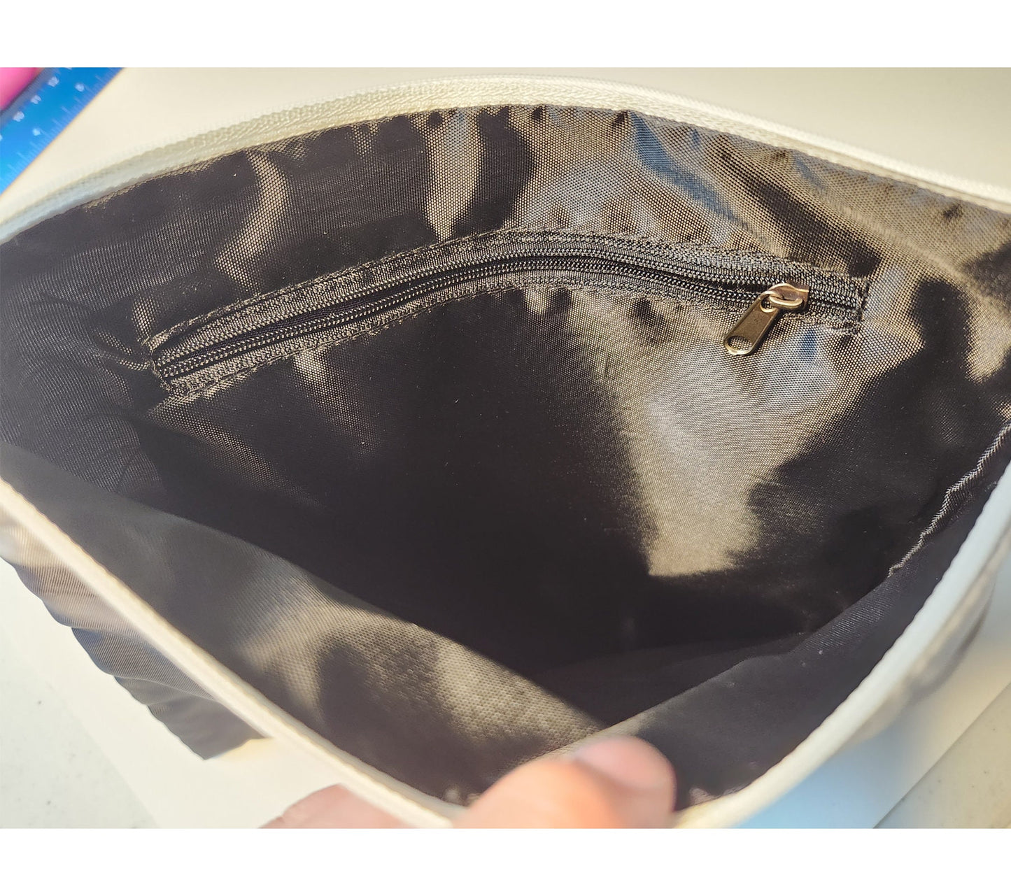 Stego Print XL Zippered Cosmetic or Storage Bag - Dinosaur Makeup Case - Art & School Supplies Organizer - Blue Peach - Stegosaurus