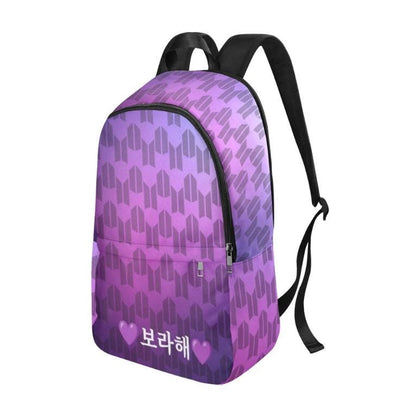 Borahae in Korean on BTS & ARMY Logos Fabric Backpack - K-Pop Inspired School Accessories - Bangtan - I Purple You - BTS Bag