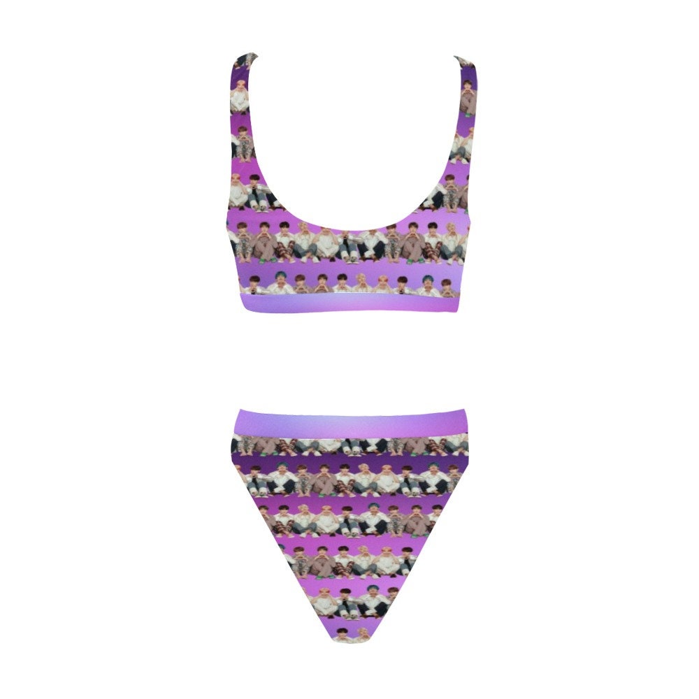 BTS Stripes Sport Top and High-Waist Bikini Swimsuit Set - K-Pop Inspired Fashion Swimwear - High Cut Leg - Purple - Bangtan