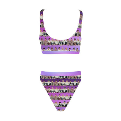 BTS Stripes Sport Top and High-Waist Bikini Swimsuit Set - K-Pop Inspired Fashion Swimwear - High Cut Leg - Purple - Bangtan