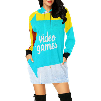 Video Games Allover Print Women's Pullover Hoodie Mini Dress- Gamer Girl Inspired Hooded Sweatshirt Maximalist Streetwear Fashion - Dopamine Dressing