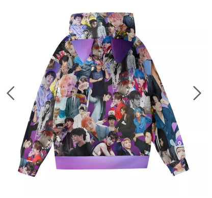 BTS Collage Print Lightweight Cat Ear Hoodie - K-Pop Fashion - Lightweight Pullover Hooded Sweatshirt - Jin Jimin Jung Kook V Rm Suga JHope