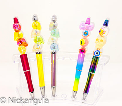 Skulls and Eyeballs Creepy Cute Beaded Ballpoint Pen - Strange Horror Inspired Pens - Silicone and Acrylic Beads & Plastic Pen - Eyes