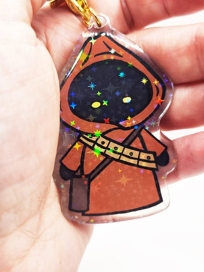 Chibi Jawa Sparkly Acrylic Keychain with Gold Star-Shaped Key Ring - 3" Tall - Double Sided - Hologram - Star Wars Inspired Gift - Bag Charm