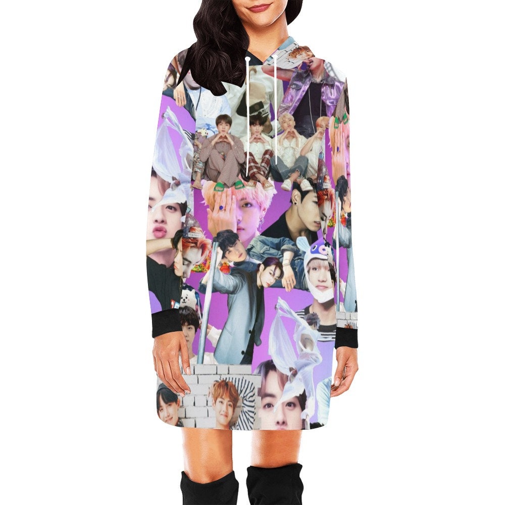BTS Collage Allover Print Women's Pullover Hoodie Dress- K-Pop Inspired Hooded Sweatshirt - Bangtan - Jin Jungkook V J-Hope RM Jimin Suga