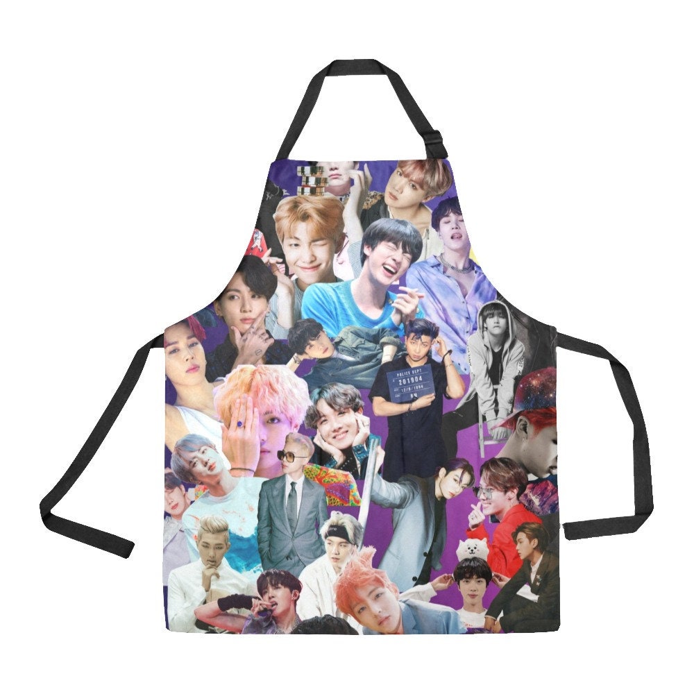 BTS Collage Apron w/ Pockets - K-Pop Kitchen - Tie-Back - Purple - Bangtan ARMY Gift - Jin Jimin JHope JungKook RM V Suga