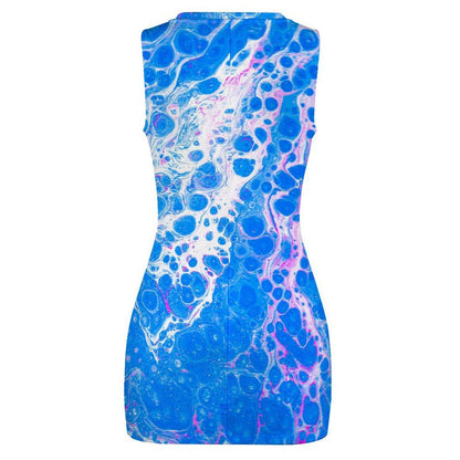 Acrylic Paint Pour Print Cutout Waist Twist Dress - Sleeveless - Artist Fashion - Blue or Purple - Artistic Texture 2026 Trends