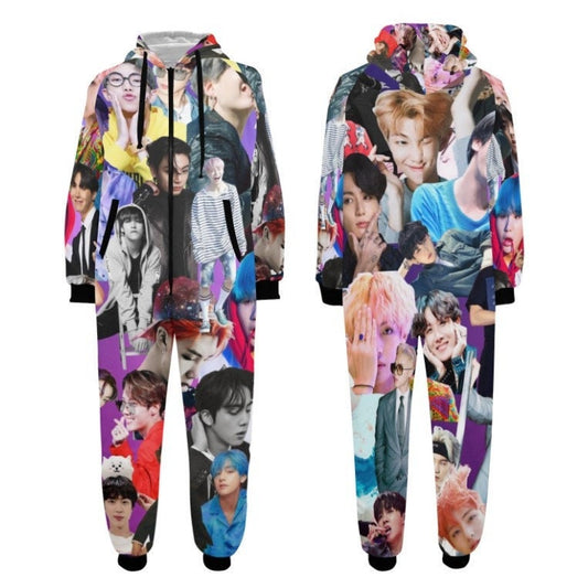 Purple BTS Collage Unisex Adult One Piece Onesie Pajamas - K-Pop Inspired Sleepwear Loungewear - Jin Jimin JHope JungKook Suga RM V - Lounge