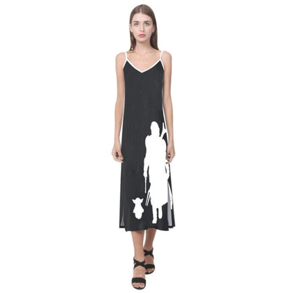Mando & The Child Black and White V-Neck Slip Dress - Star Wars Mandalorian Inspired Women's Fashion - Spaghetti Strap - Baby Yoda Grogu