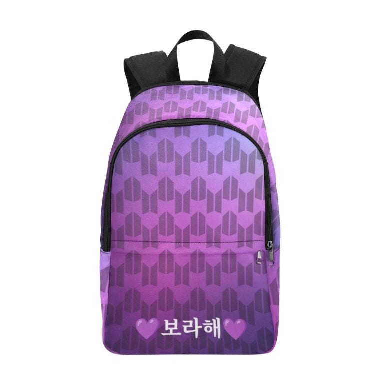 Borahae in Korean on BTS & ARMY Logos Fabric Backpack - K-Pop Inspired School Accessories - Bangtan - I Purple You - BTS Bag