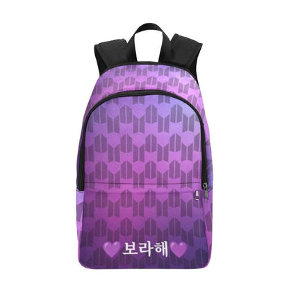 Borahae in Korean on BTS & ARMY Logos Fabric Backpack - K-Pop Inspired School Accessories - Bangtan - I Purple You - BTS Bag