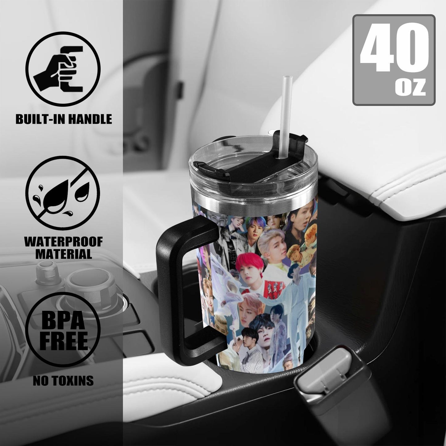 Gray BTS Collage 40 oz Tumbler w/ Handle - Insulated - Hot or Cold - Water Coffee - Travel Mug - Durable Stainless Steel - Straw Included
