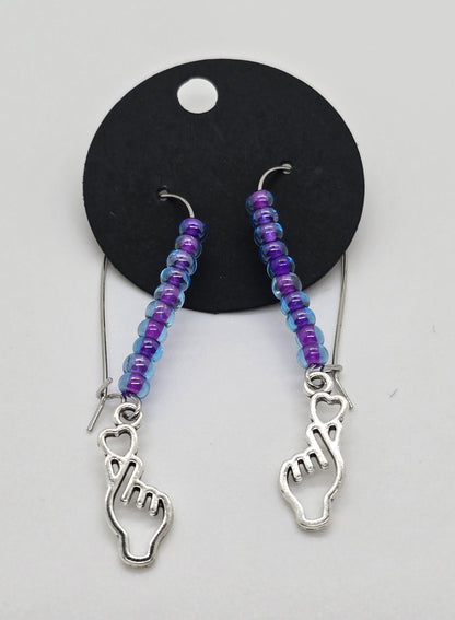 Seed Beads and K-Pop Finger Heart Dangle Earrings - Drop Earrings