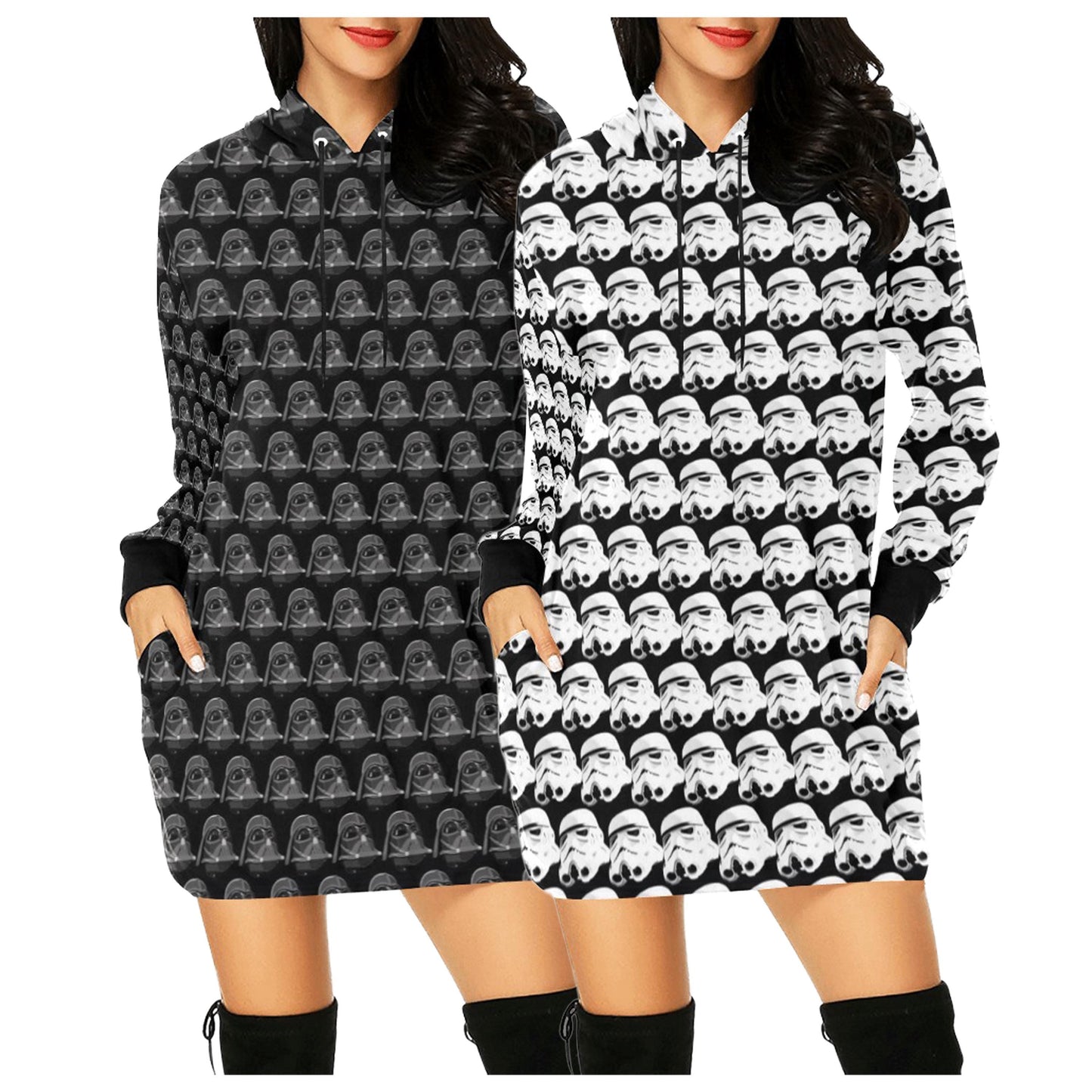 Vader or Stormtrooper Helmets Print Women's Pullover Mini Hoodie Dress- Star Wars Empire Inspired Hooded Sweatshirt - 501st - Black White
