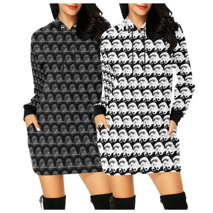 Vader or Stormtrooper Helmets Print Women's Pullover Mini Hoodie Dress- Star Wars Empire Inspired Hooded Sweatshirt - 501st - Black White
