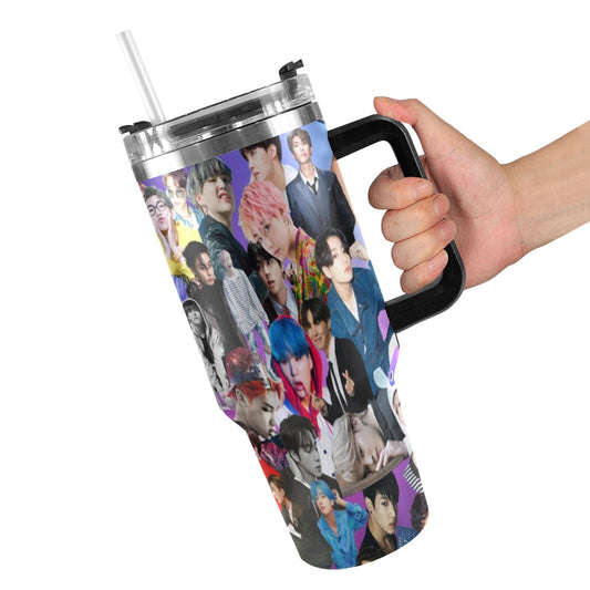 Purple BTS Collage 40 oz Tumbler w/ Handle - Insulated - Hot or Cold - Water Coffee - Travel Mug - Durable Stainless Steel - Straw Included