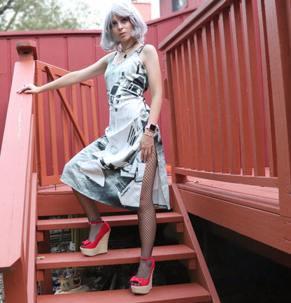 Droid Line R2-D2 & Friends Black and White V-Neck Slip Dress - Star Wars Inspired Women's Fashion - Sleeveless - Spaghetti Strap - Geek Girl