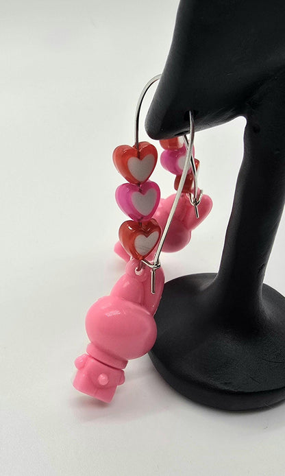 My Melody in Pink Bunny Suit Silicone Charms on Stainless Steel Kidney-shaped Dangle Earring Hooks - Cute Beaded Drop Earrings