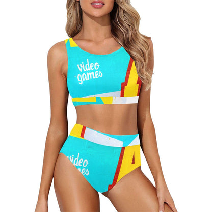 Video Games Crop Top Bikini Swimsuit Set - Coney Island Graphic Print Swim Suit - Swimwear - High Waist Bikini Bottoms - Racerback