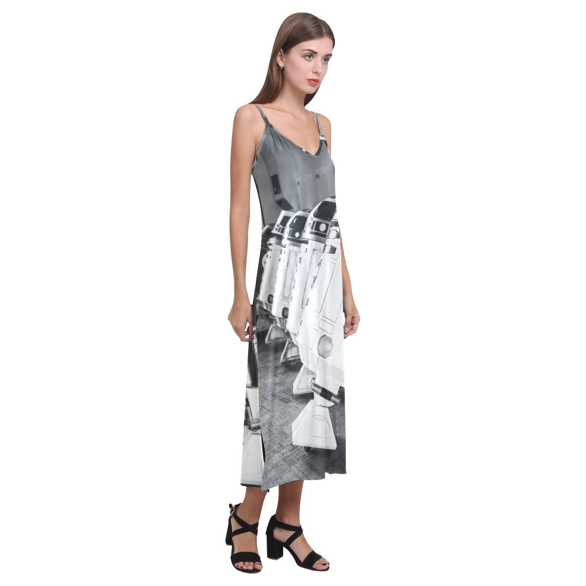 Droid Line R2-D2 & Friends Black and White V-Neck Slip Dress - Star Wars Inspired Women's Fashion - Sleeveless - Spaghetti Strap - Geek Girl